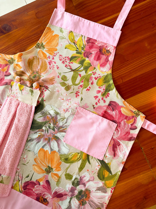 Delantal de Cocina Maison Acuarela Flores Rosadas